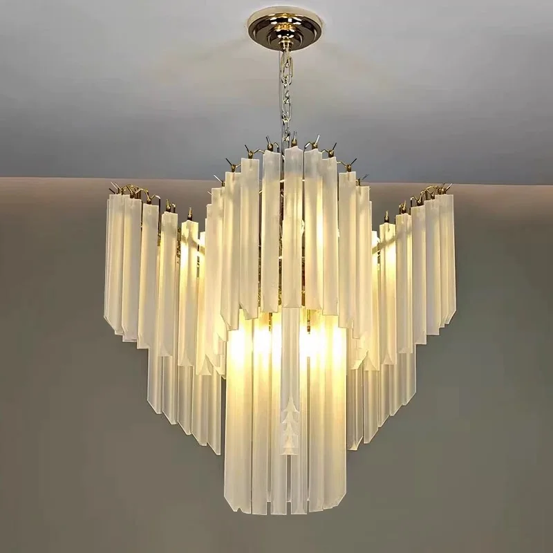 

white glass chandelier with long pendant for living room, hotel ceiling decoration, dimmable Gold stainless steel lustre