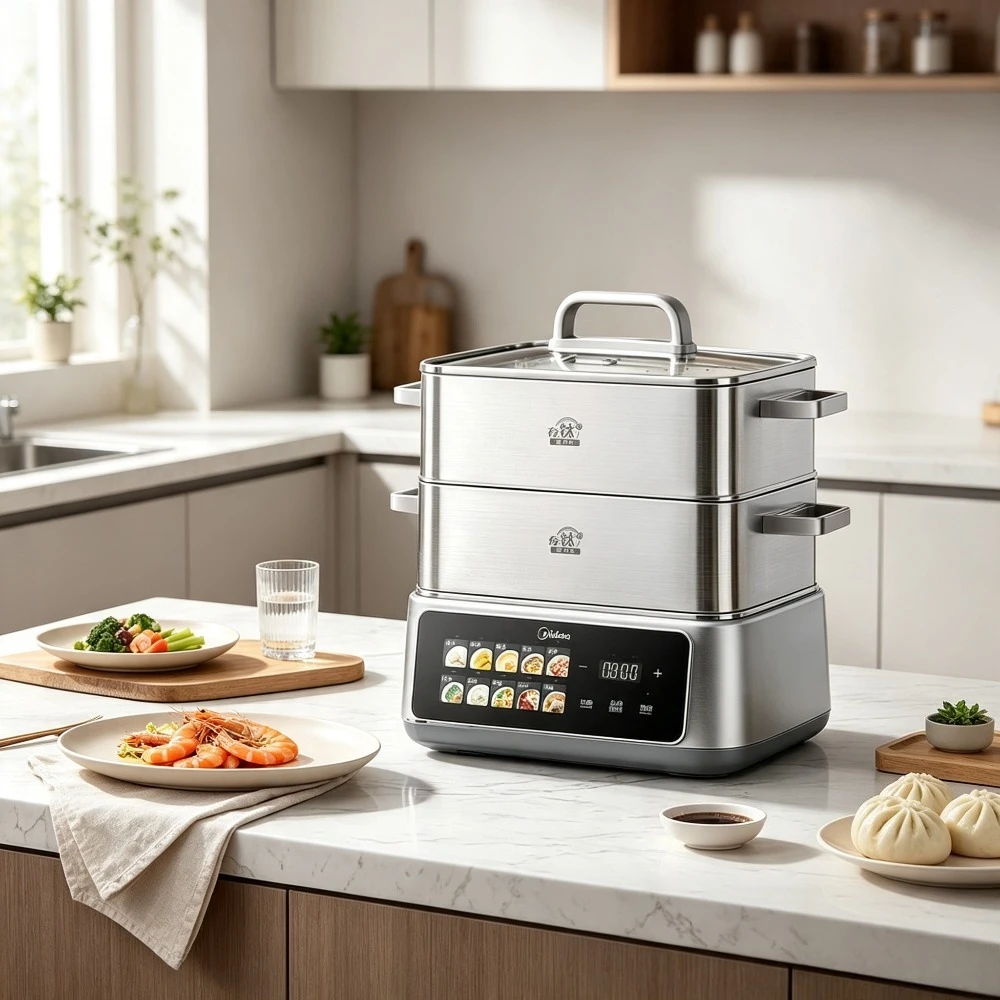 2 Tier Titanium Stainless Steel Electric Food Steamer Rectangular Digital Steam Cooker for Family Meal Prep Home Kitchen 전기 찜기