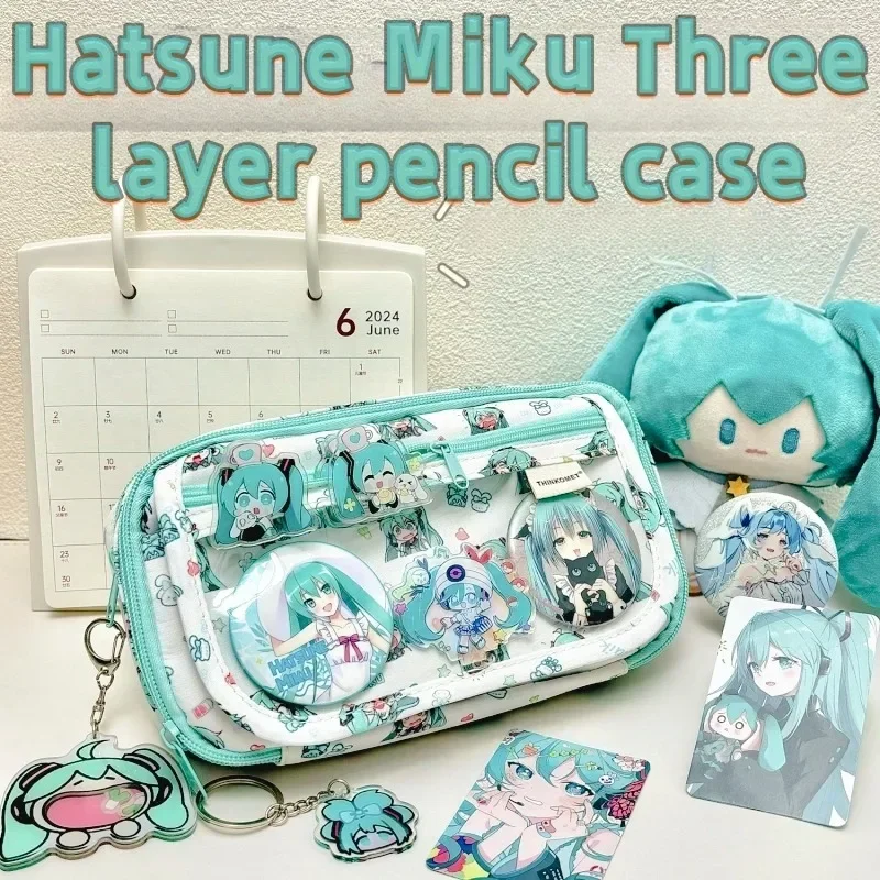 New Hatsune Miku Pencil Bag Cartoon Large Capacity Pencil case Compartment Stationery Storage Bag Gifts...
