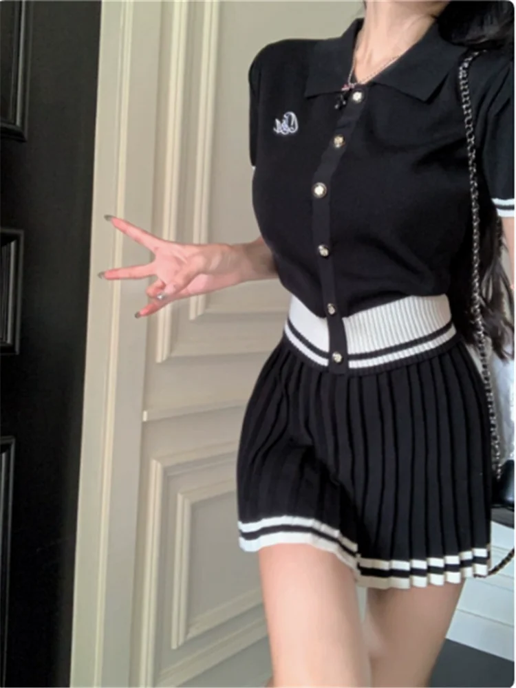 New Summer JK Girl Fashion Apricot 2 Piece Sets BM Academy Style Knit Short Shirt Cardigan&Pleated Mini Skirt 2PC Dress Suits