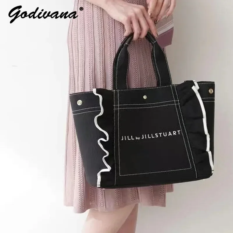 New Japanese Style Large Capacity Black Canvas Bag Embroidered Letters Artistic Horizontal Leisure One Shoulder Tote Women\'s Bag