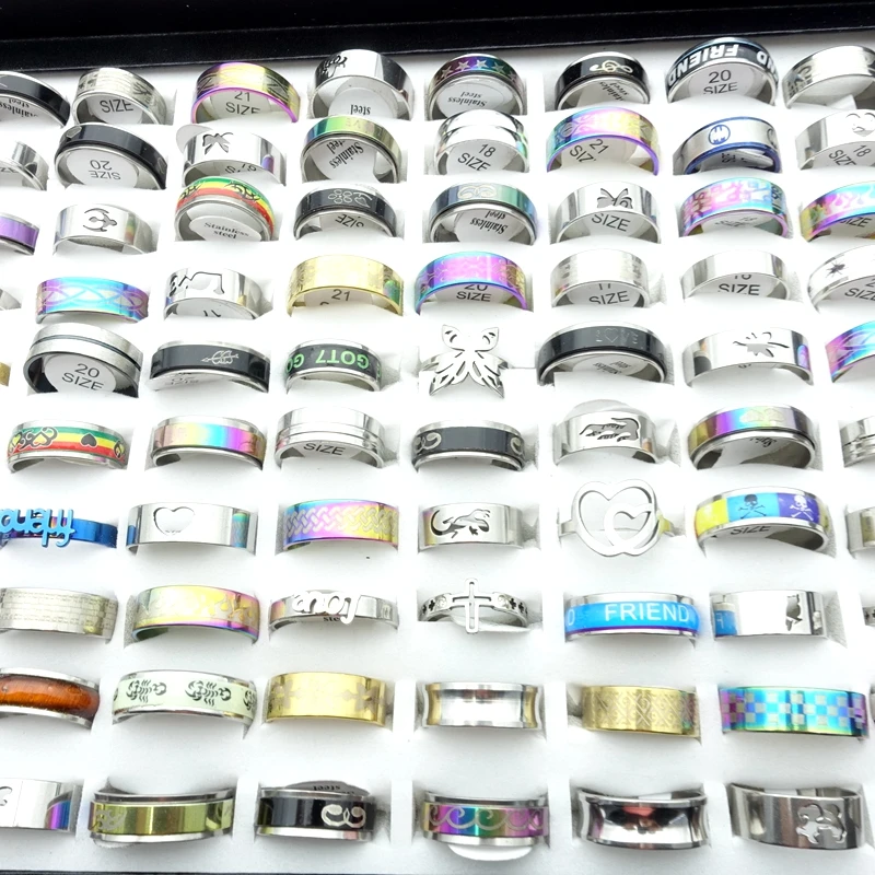 100pcs/Lot Women Stainless Steel Rings For Men Fashion Jewelry Couple Gift Wedding Bands Wholesale Lot Ring Finger Size 17-21mm