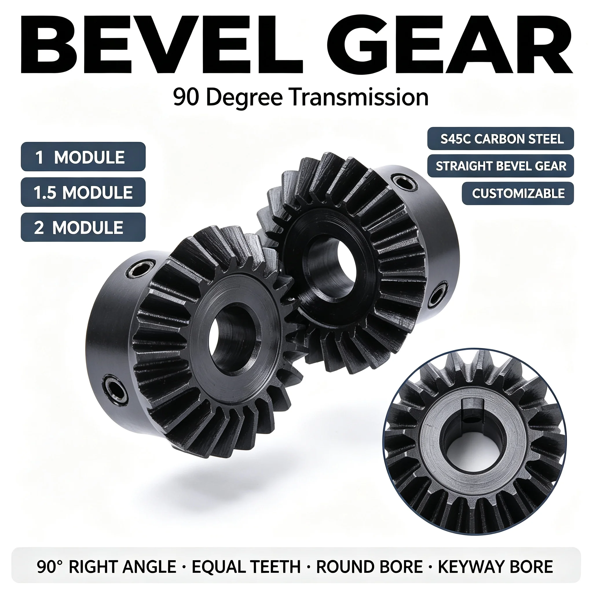Bevel Gear, 90 Degree Bevel Gear, 1 Module / 1.5 Module / 2 Module, S45C Carbon Steel, Straight Bevel Gear