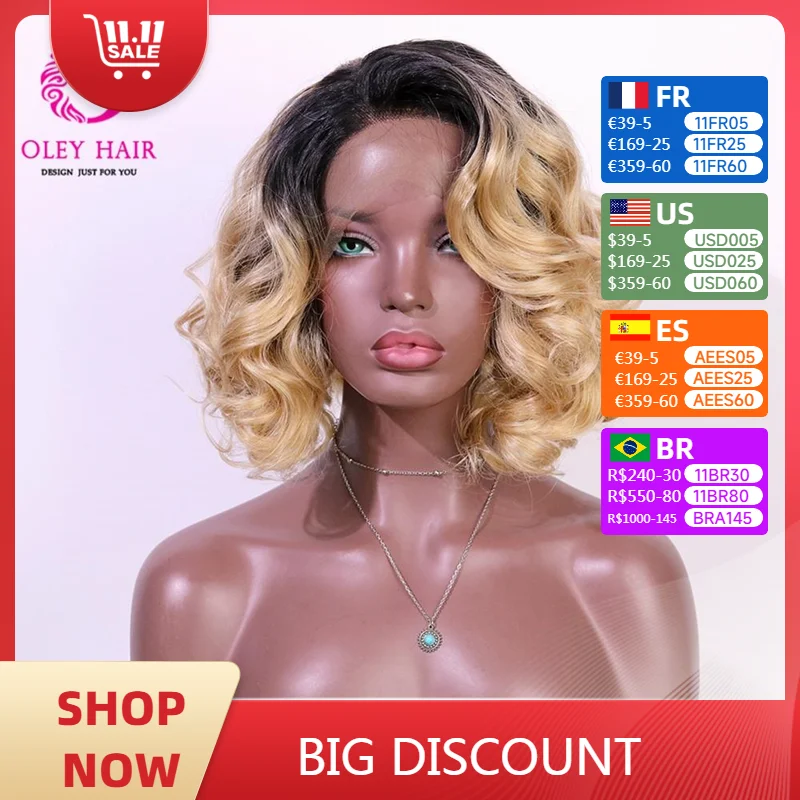 

OLEY 180 Density Glueless Blonde Ombre Wig Heat Resistant Wavy Synthetic 13x4 Lace Front Wig Cosplay Short Wigs For Black Women