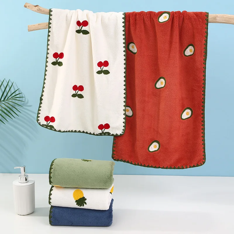 Coral Fleece Towel Wholesale — Highly Absorbent Adult Gift Towels & Face Towels, Lint-Resistant with Fruit Embroidery