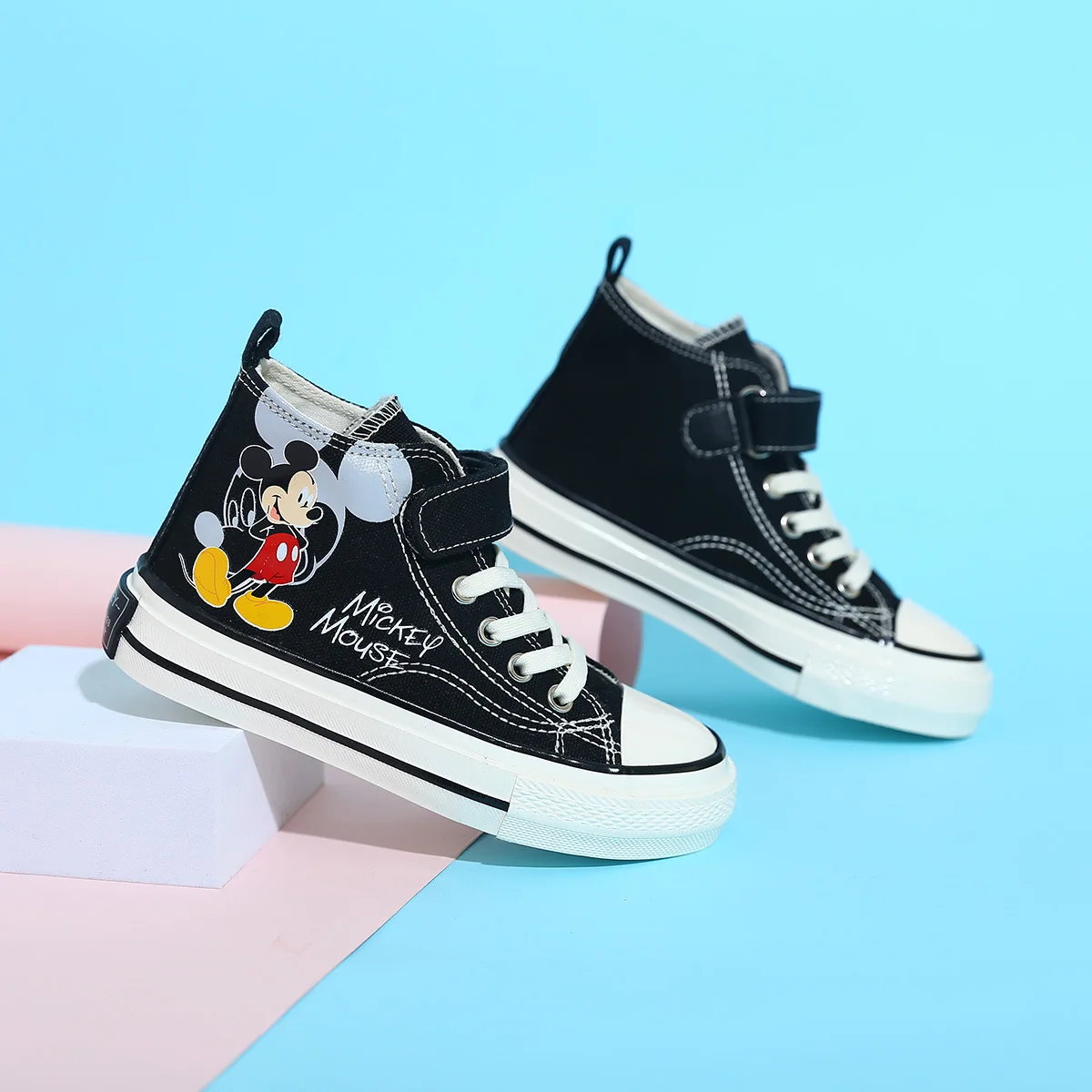 Disney Children Casual Shoes Mickey Mouse High Top Boys Black Canvas Shoes Student Lace up Sneakers for Kids Boys Shoes Size 37