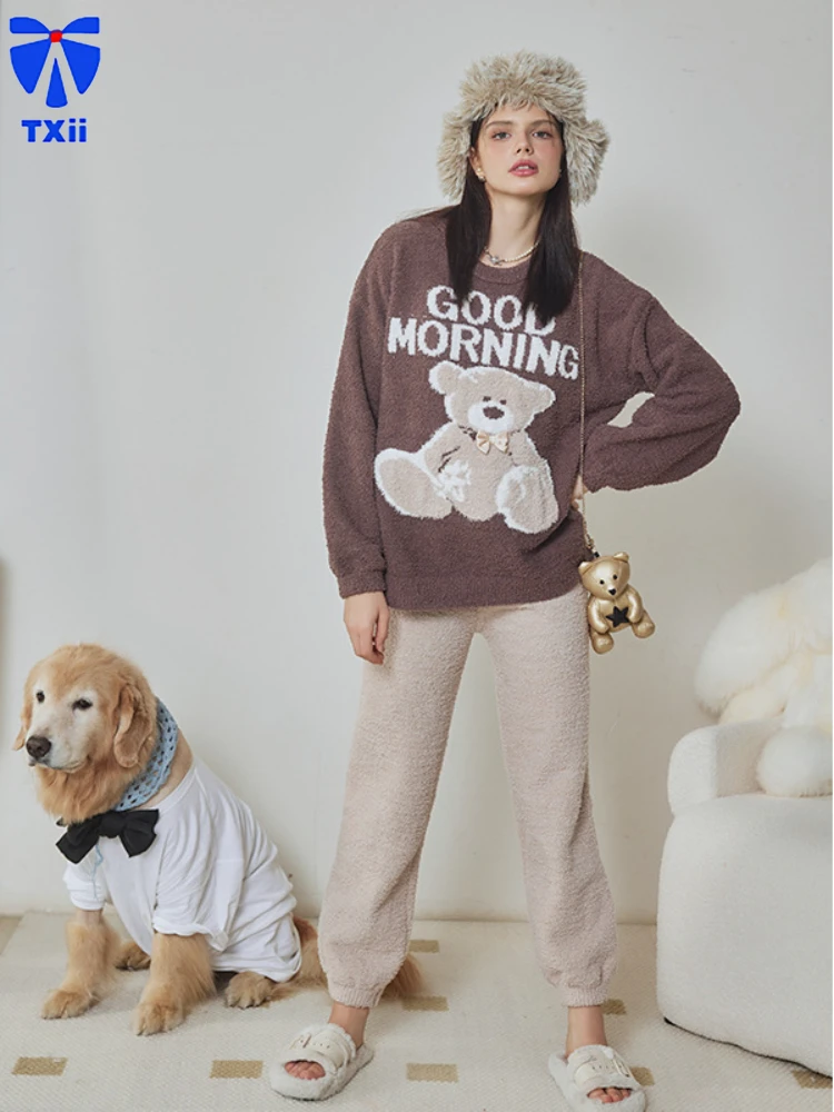 

Autumn and Winter New Soft Cartoon Half-side Fleece Pullover Home Clothes Women's Round Neck Loose Outer-wearing Pajamas