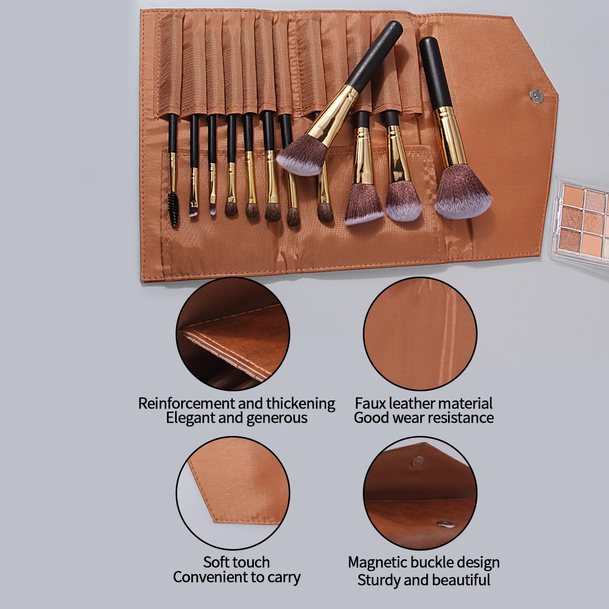 Reise-Make-up-Essentials: 12-teiliges Make-up-Pinsel-Set + Aufbewahrungstasche, weiche Borsten für einfaches Puder-Greifen, tragbare Schönheitswerkzeuge