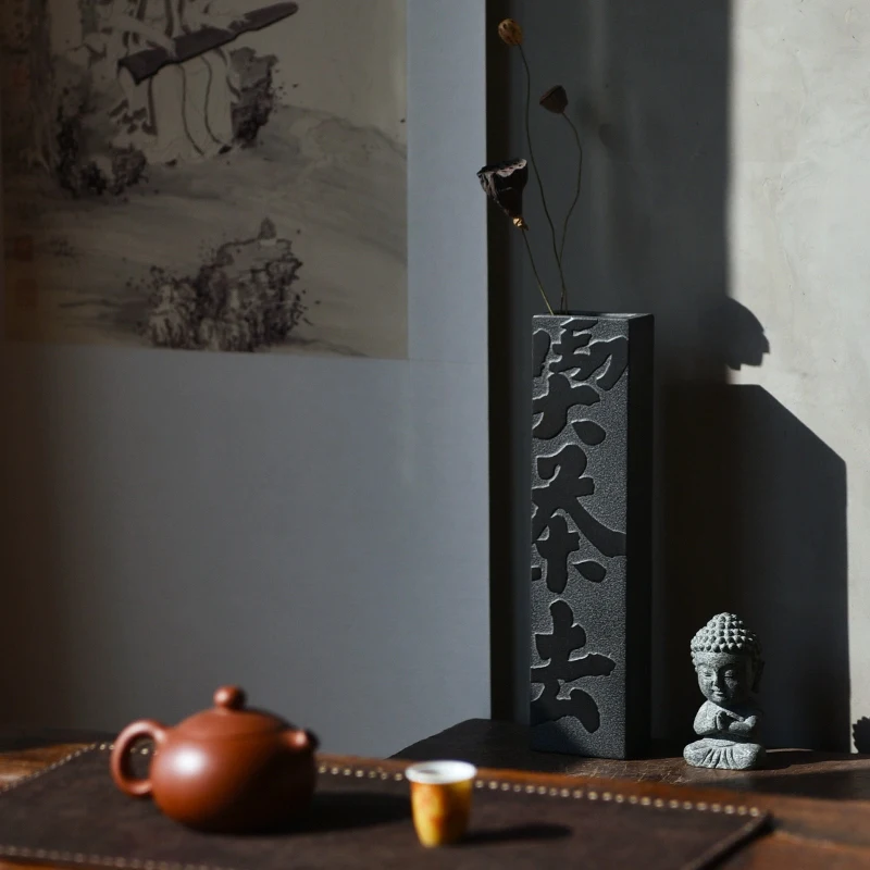 Steinvase 30cm Schwarzer Basalt Handgeschnitzte Zen Chinesische Kalligraphie Minimalistische Blumenvase für Teezeremonie Heim Büro Deko Geschenk – Detail 10