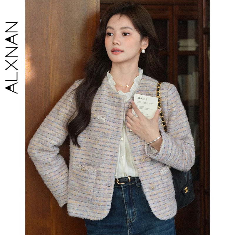 ALXNAN violet veste courte femmes 2025 automne hiver nouveau rayé col rond droit laine veste décontracté élégant vestes L57926