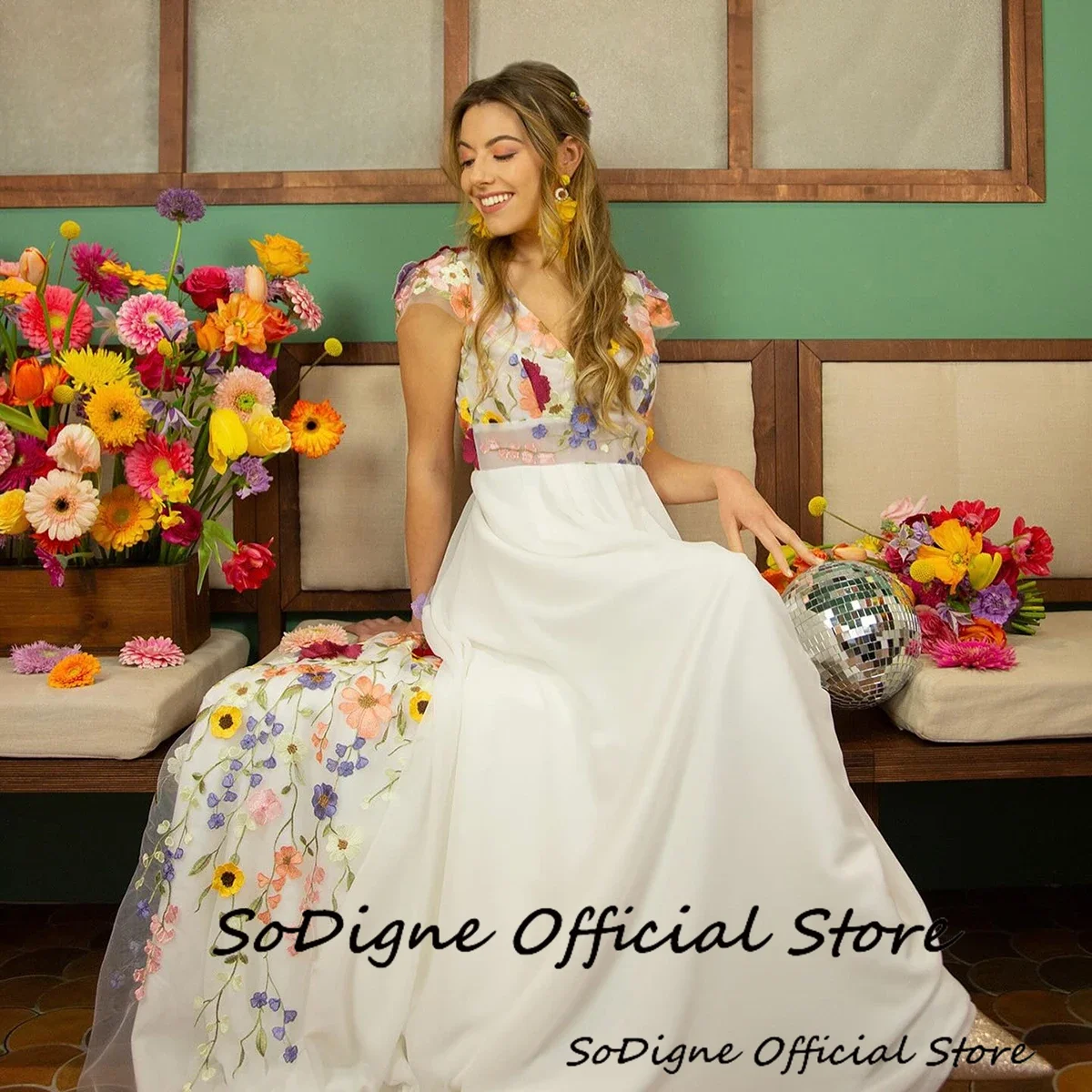 SoDigne A-linie Stickerei Hochzeit Kleid V-ausschnitt Ärmellose Braut Kleider Strand Backless Brautkleider vestidos de novia Angepasst