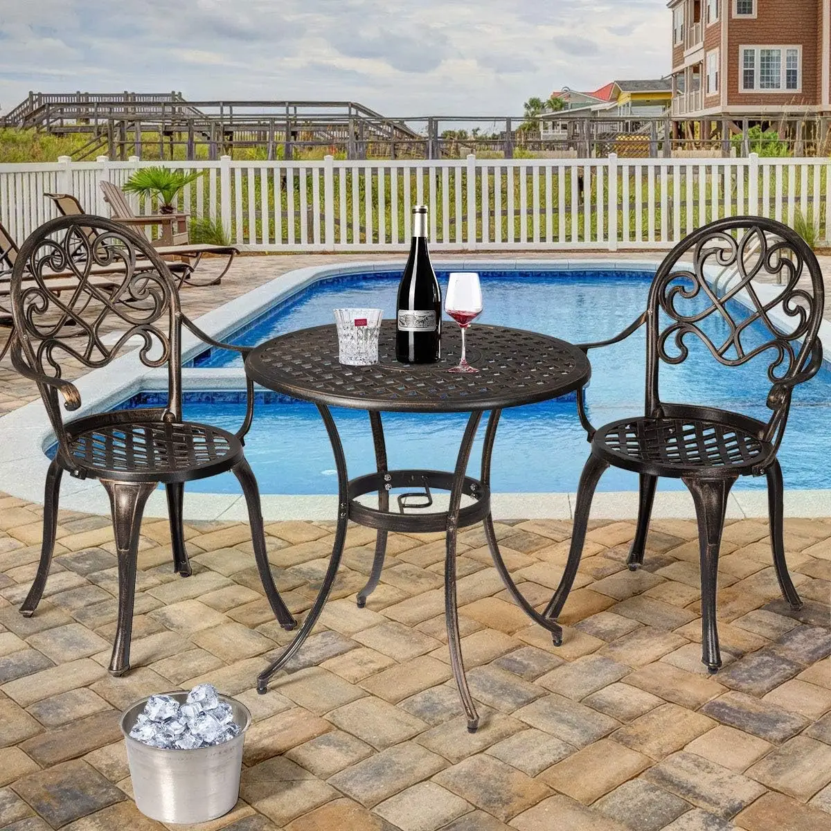 

Giantex 3pcs Bistro Table Set Cast Aluminum Outdoor Patio Furniture Set Round Table W/Removable Ice Bucket, 2 Chairs Antique.