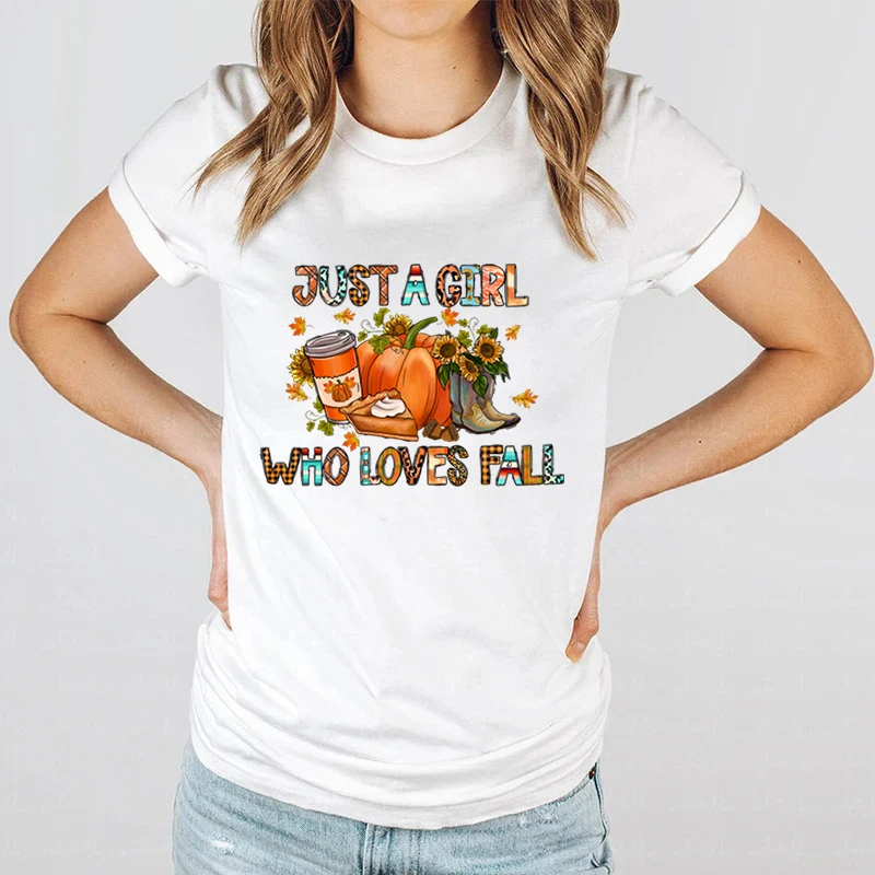 Pumpkins Just A Girl Who Loves Fall Print T-shirts For Women Short Sleeve Casual Fall T-shirts Funny Graphic Tee Round Neck Tops