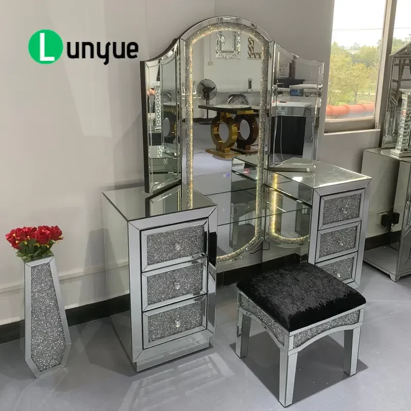 Modern LED Makeup Vanity Desk with Adjustable Wood Panel Lighted Mirror Bluetooth Bedroom Furniture for Hotel or Living Room