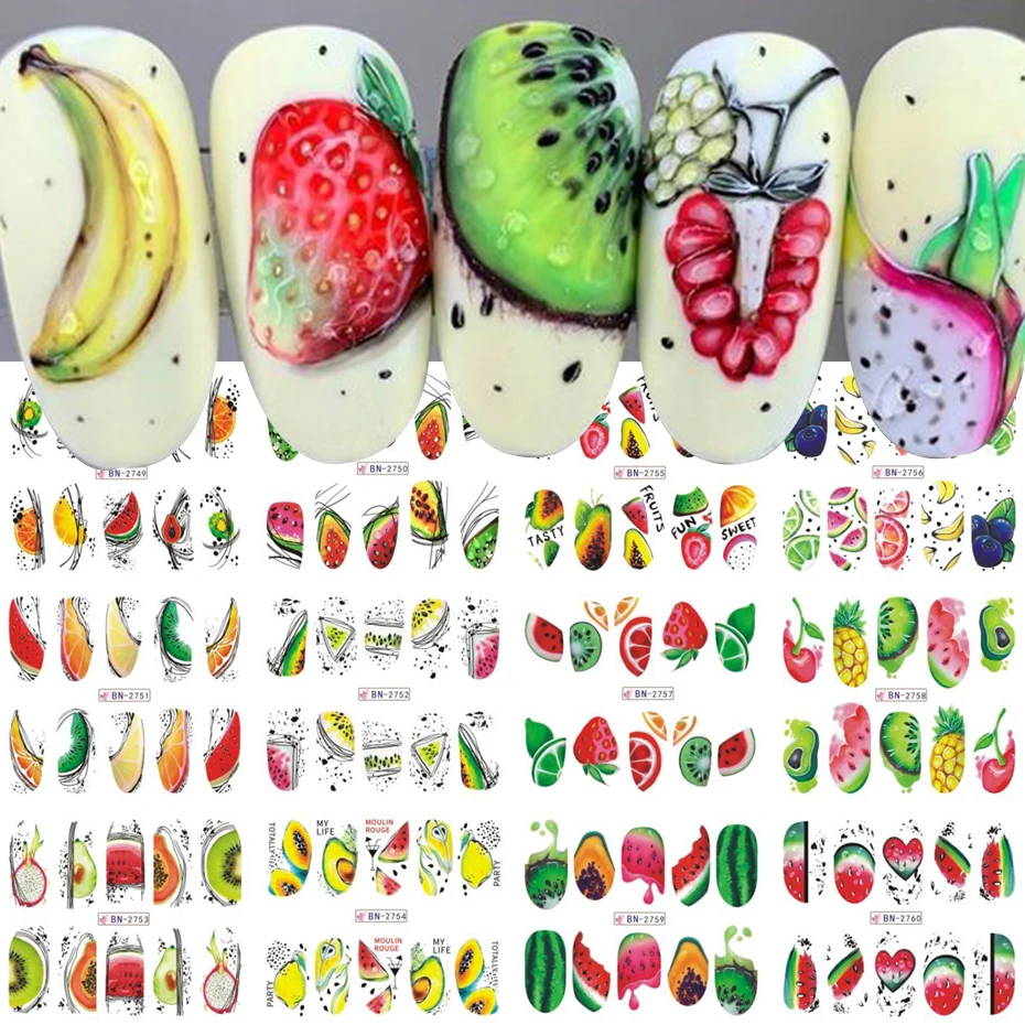 12pcs Watermelon Summer Fruit Nail Water Decals Geometry Lemon Papaya Cherry Design Water Transfer Sliders Tattoo Wraps Manicure