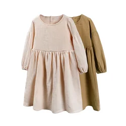 Cotton Linen Long Sleeve Dress for Girls Fashion Solid Color Kids Girl's Dresses Spring Autumn Children Clothing 1-6 Years