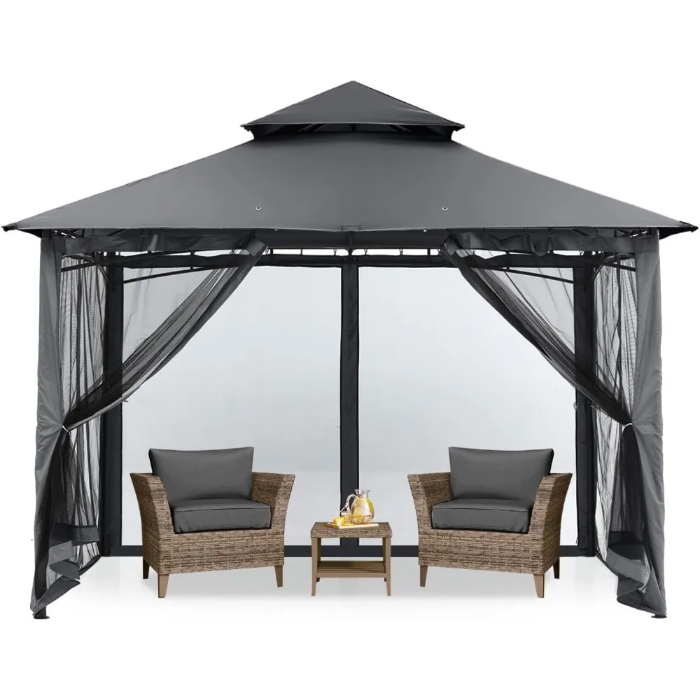 Imagem -02 - Outdoor Folding Canopy Tent Toldo para Pátio Garden Gazebo Stable Steel Frame And Netting Walls Dark Gray 8x8