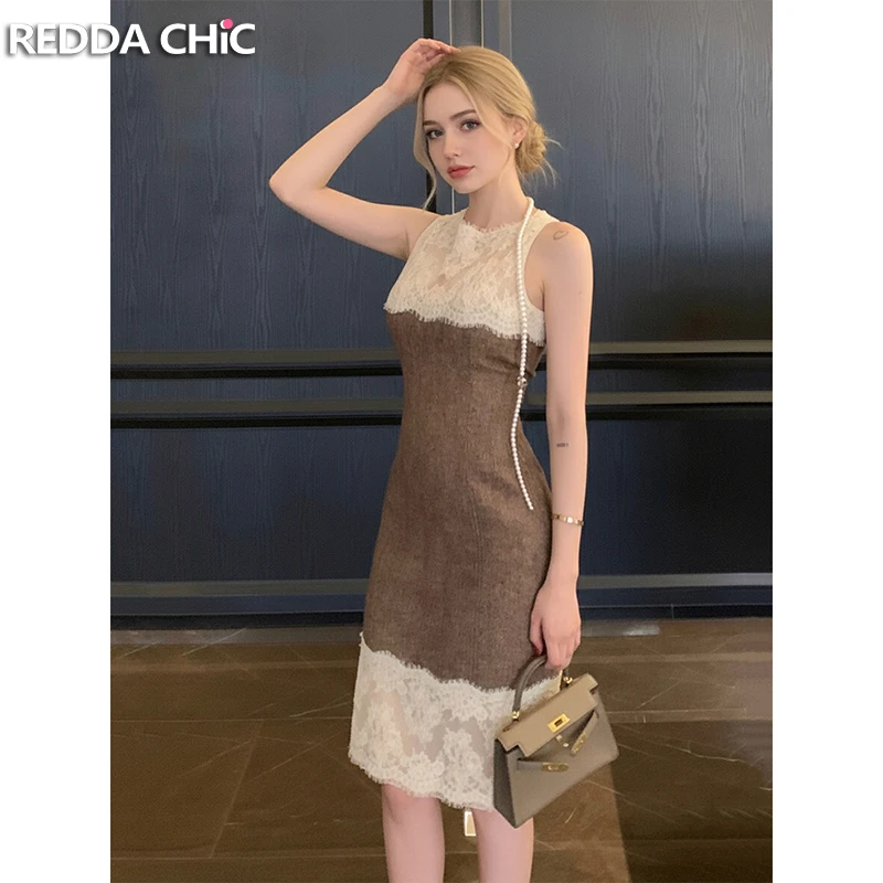 

REDDACHiC Brown Contrast Midi Long Dress Patchwork Brown Lace Trim O-neck Sleeveless Sheath Dress Retro Elegant Women Clothes
