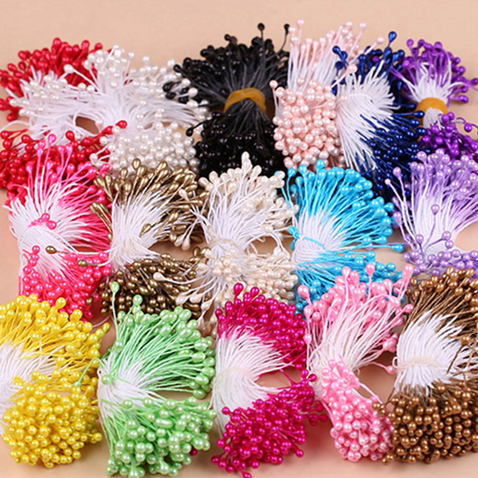 560 Pcs Pearl Effect Artificial Flower Stamen Double Round Heads Cotton String for Wedding Millinery Sugarcraft