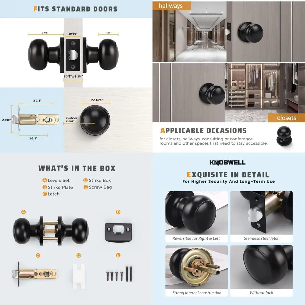

Matte Black Round Ball Non-Locking Interior Door Knob Set for Closets and Hallways