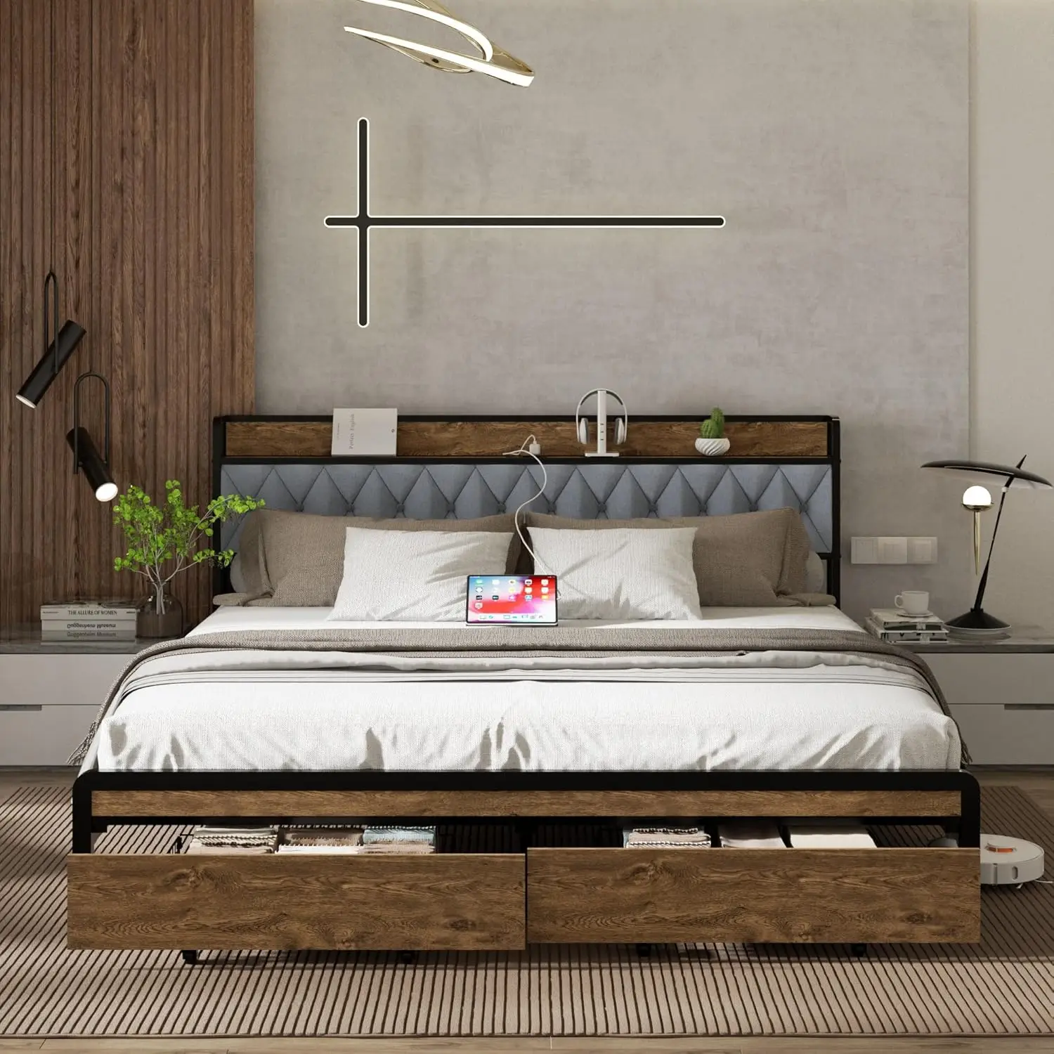 King Size Metal Platform Bed Frame With 2 Storage Drawers & Led Light, Velvet Button-Tufted Headboard With Outlet & Usb