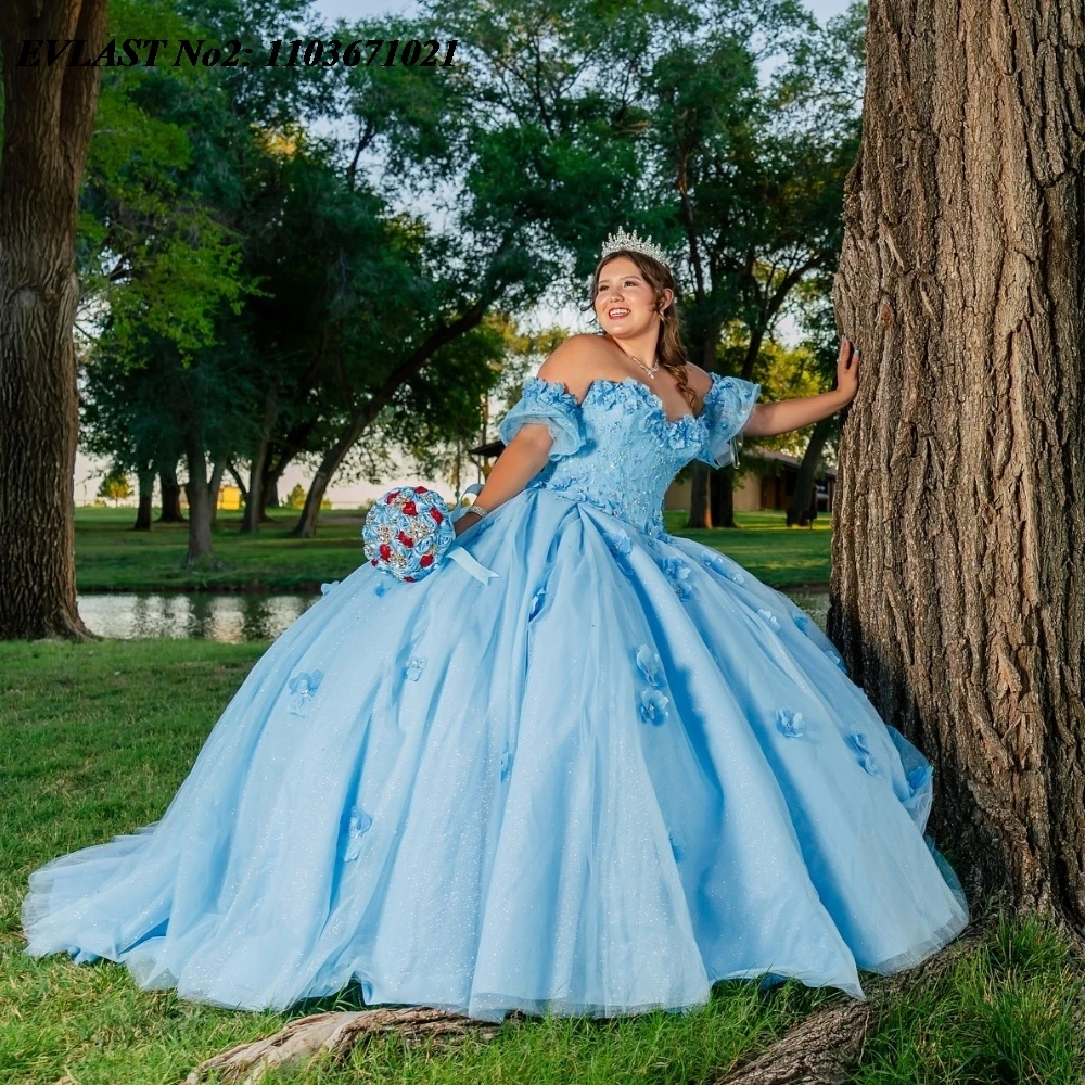 

EVLAST Customized Sky Blue Quinceanera Dress Ball Gown Floral Applique Beaded Crystal Corset Sweet 16 Vestidos De 15 Anos E2Q16