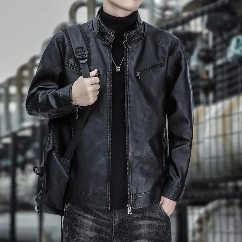 

Coat Stand Collar Casual Large Size Men Leather Jacket Fashion Male Slim Leather Winter Fleece-Lined Trendy Motorcycle Clothing