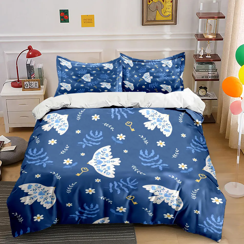 White bird key flowers print leaves Duvet Cover Set with 3D Printing Design Soft Polyester Bedding Set All-Season Comfort