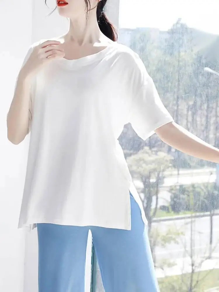 Camicia da pratica di danza moderna con scollo tondo in tinta unita, vestibilità ampia, manica lunga, comodo costume da balletto per spettacoli teatrali