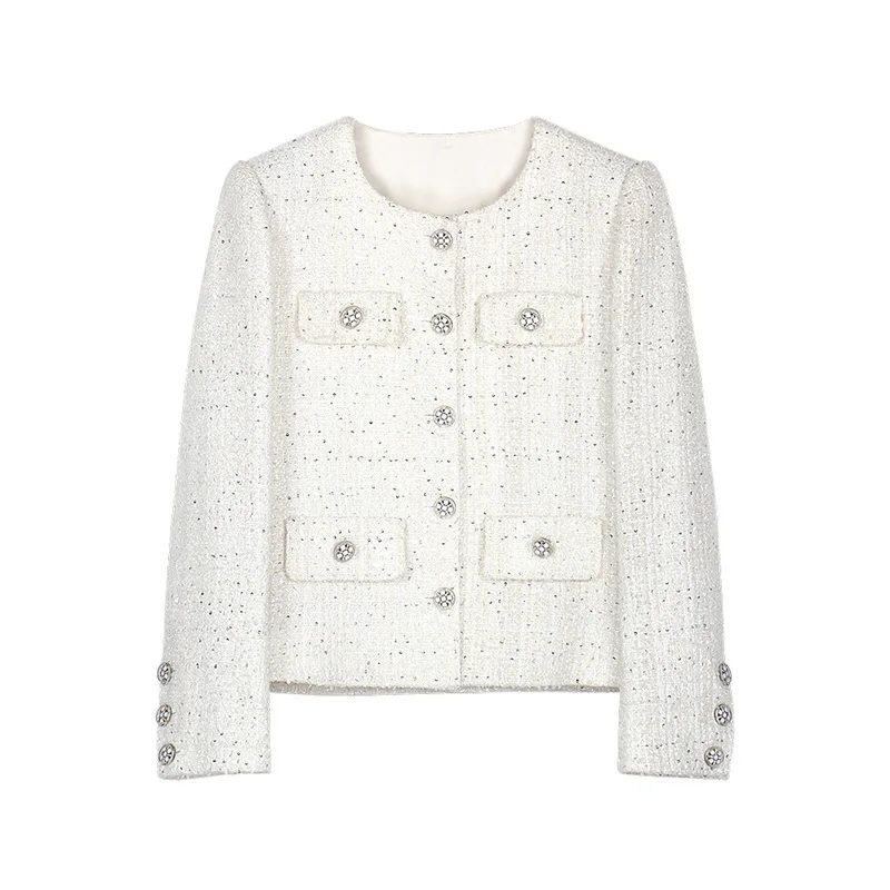 

Белое блестящее высококачественное маленькое ароматное пальто с блестками, женское простое базовое элегантное офисное женское твидовое роскошное французское пальто