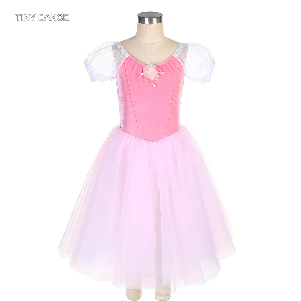 

19844 Puff Sleeve Pale Pink Stretch Velvet Bodice with Attahced Long Tutu Romantic Tutu Skirt for Girls and Women Ballet Dancing