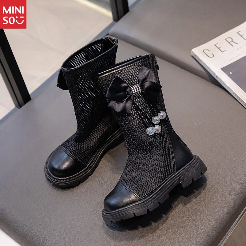 Sepatu Martin Musim Panas Miniso 2025 untuk Anak Perempuan, Sepatu Tinggi Berbahan Jaring yang Bernapas untuk Anak-Anak yang Lebih Besar