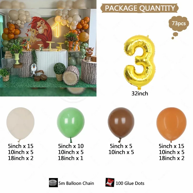 Kit de globos decorativos de Disney para niños y niñas, set de globos con temática del Rey León Simba de 73 piezas, para fiesta de cumpleaños y baby