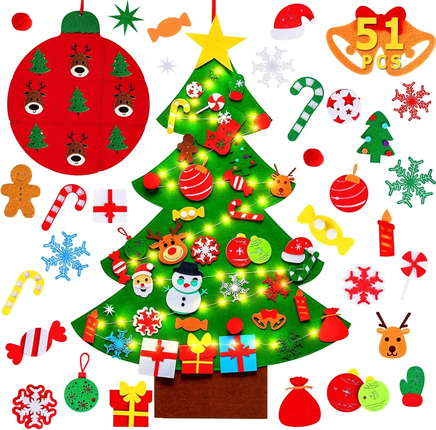 51Pcs Felt Christmas Tree DIY Craft Kit with Tic-Tac-Toe Game Detachable Ornaments Wall Hanging Christmas Decor Xmas Party Gift