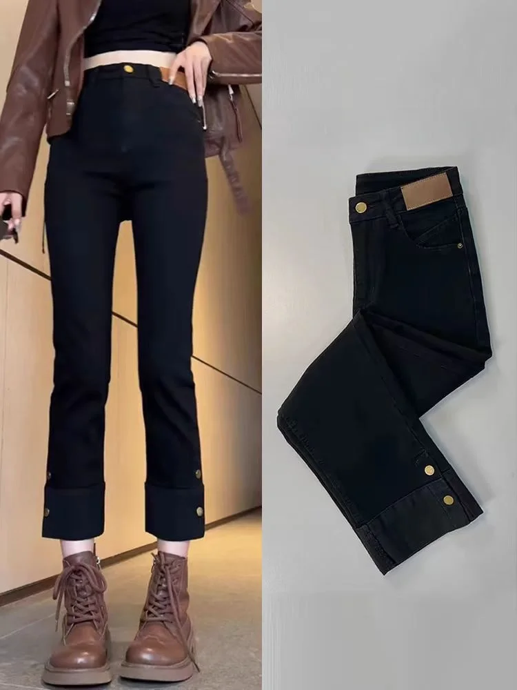

Bla Cuffed Nine-Tenths e Tube Jeans Women's Autumn Winter plus Size High Waist Slimming ort Straight Leg Long Pants