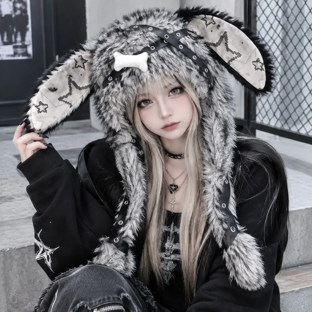 New Design Y2K Streetwear Bunny Ear Hat Punk Style Faux Fur Hat Gothic Style Adjustable Snaps Hat