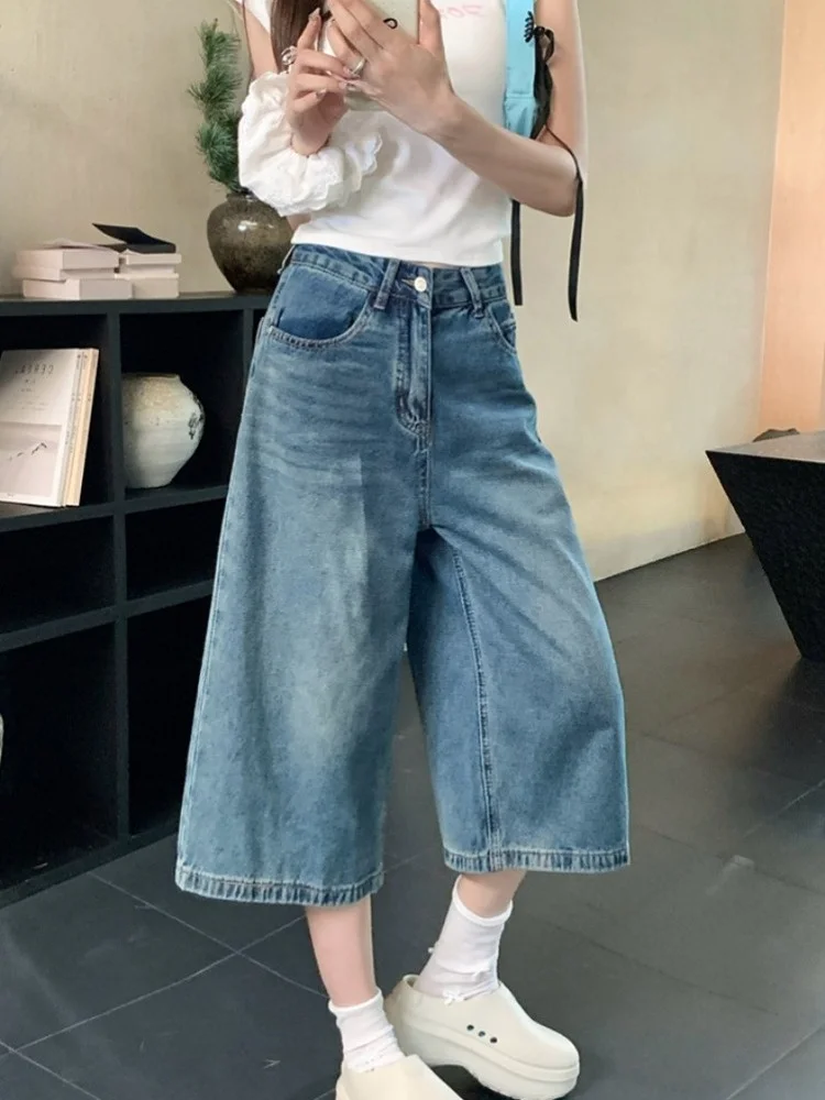 

Большие размеры, повседневные свободные джинсовые широкие брюки на семь футов, женские летние новые джинсы в американском стиле ретро, брюки с высокой талией