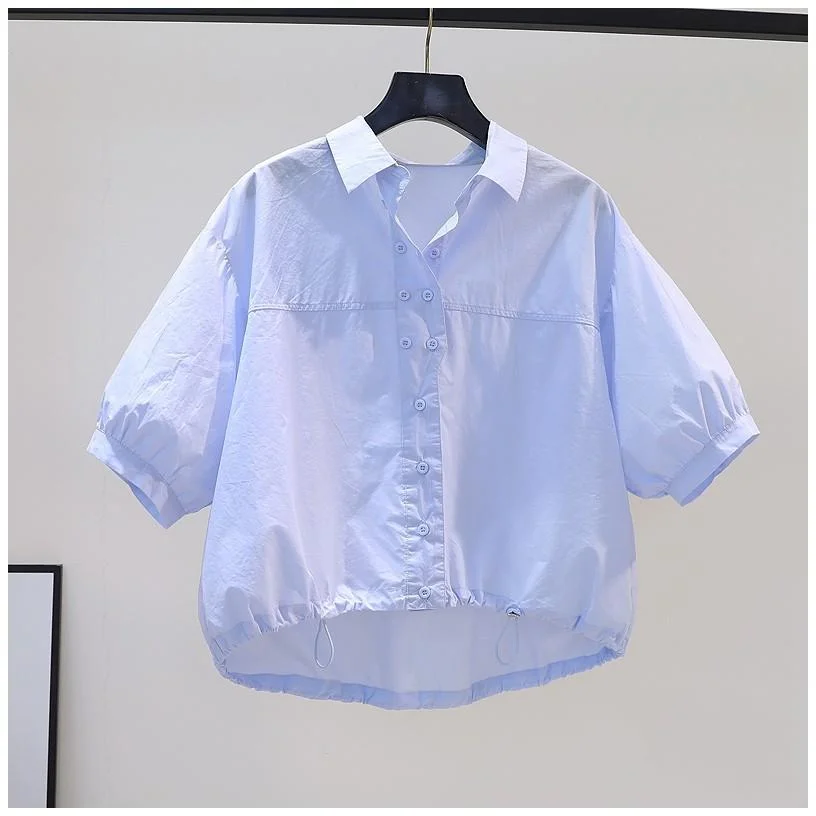 Summer Turn-down Collar Fashion Short Sleeve Shirt Women High Street Solid Color Casual Cardigan Drawstring Pure Cotton Tops