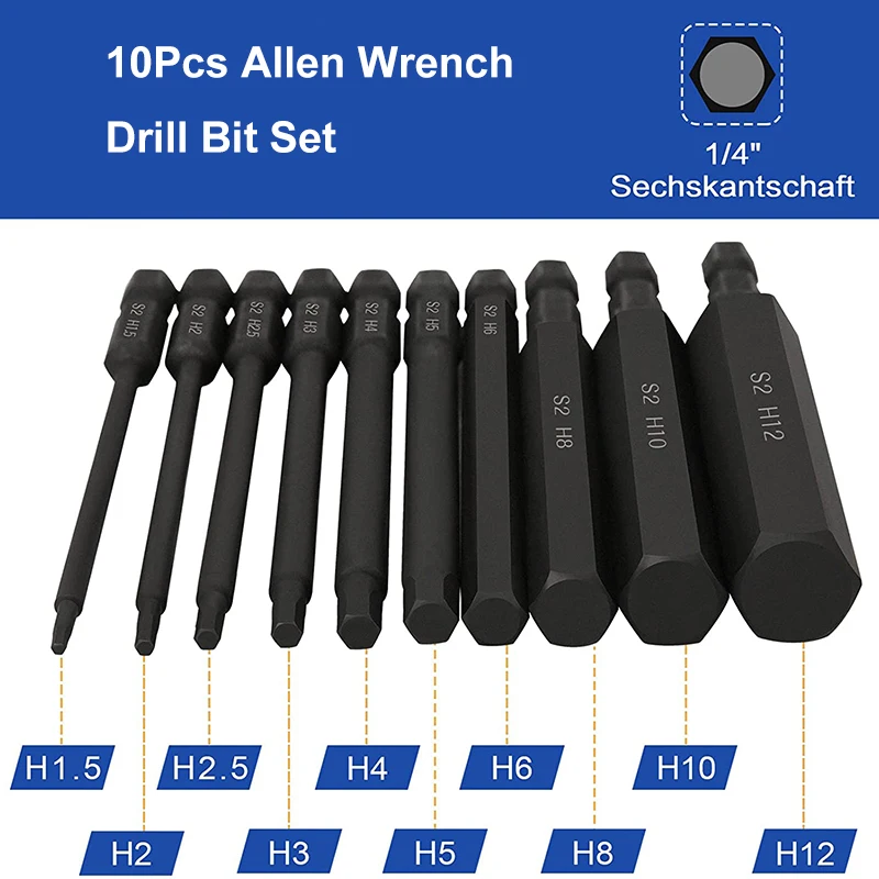 10Pcs Hex Head Allen Wrench Drill Bits + 9Pcs Ball End Hex Screwdriver Bits 1/4 Inch Hex Shank 100mm Screwdriver Set