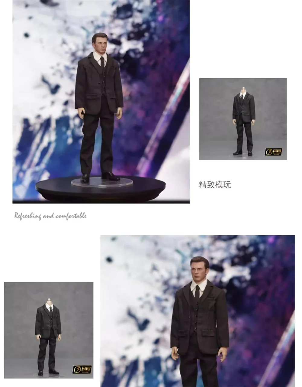 1/12th Male Man Black Vest Cloth Dress Suit with Body Hand Stand Platform Fit 6" Action Figure Scene Component