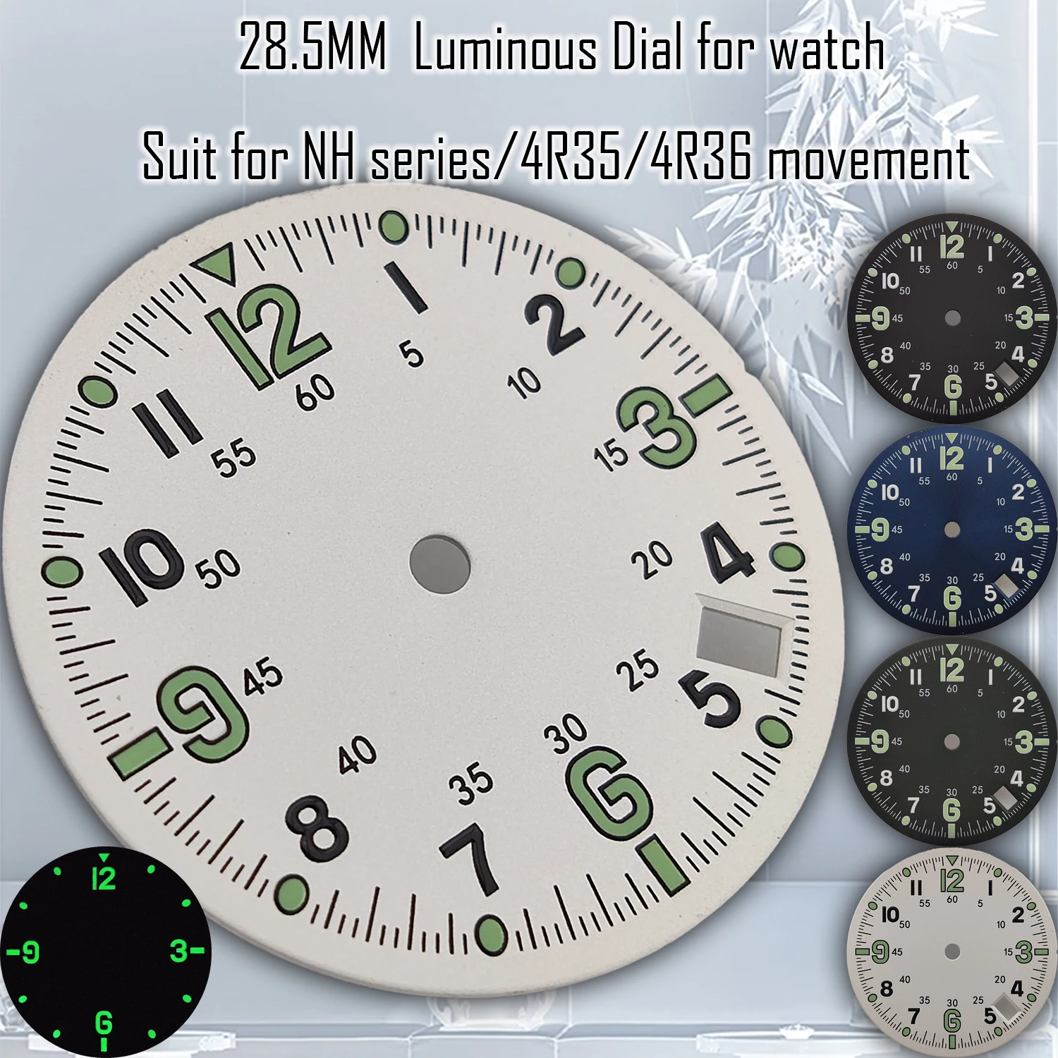 28.5MM NH35 Dial for Watch Luminous Date at 4.2 O'clock Number Indexes 4R35/4R36/7S/PT5000 Wholesale Refit Accessories