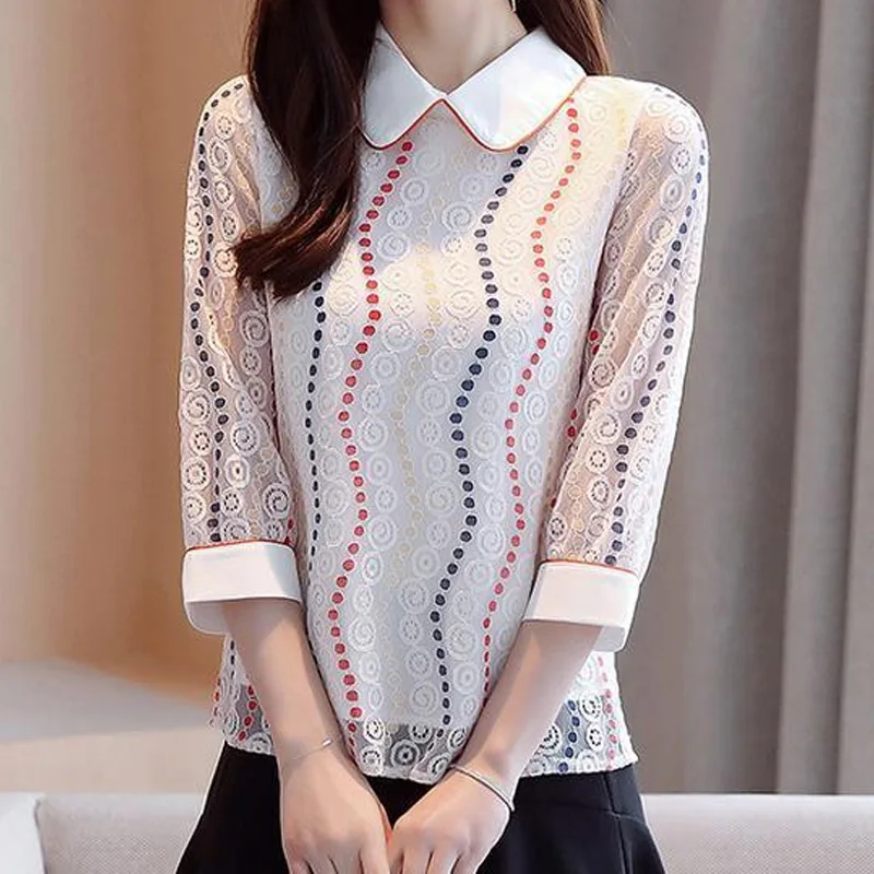 Women Clothing Fashion Slim Printing Lace Shirt Tops Summer New Half Sleeve All-match Youth Elegant Blouse Temperament Vintage