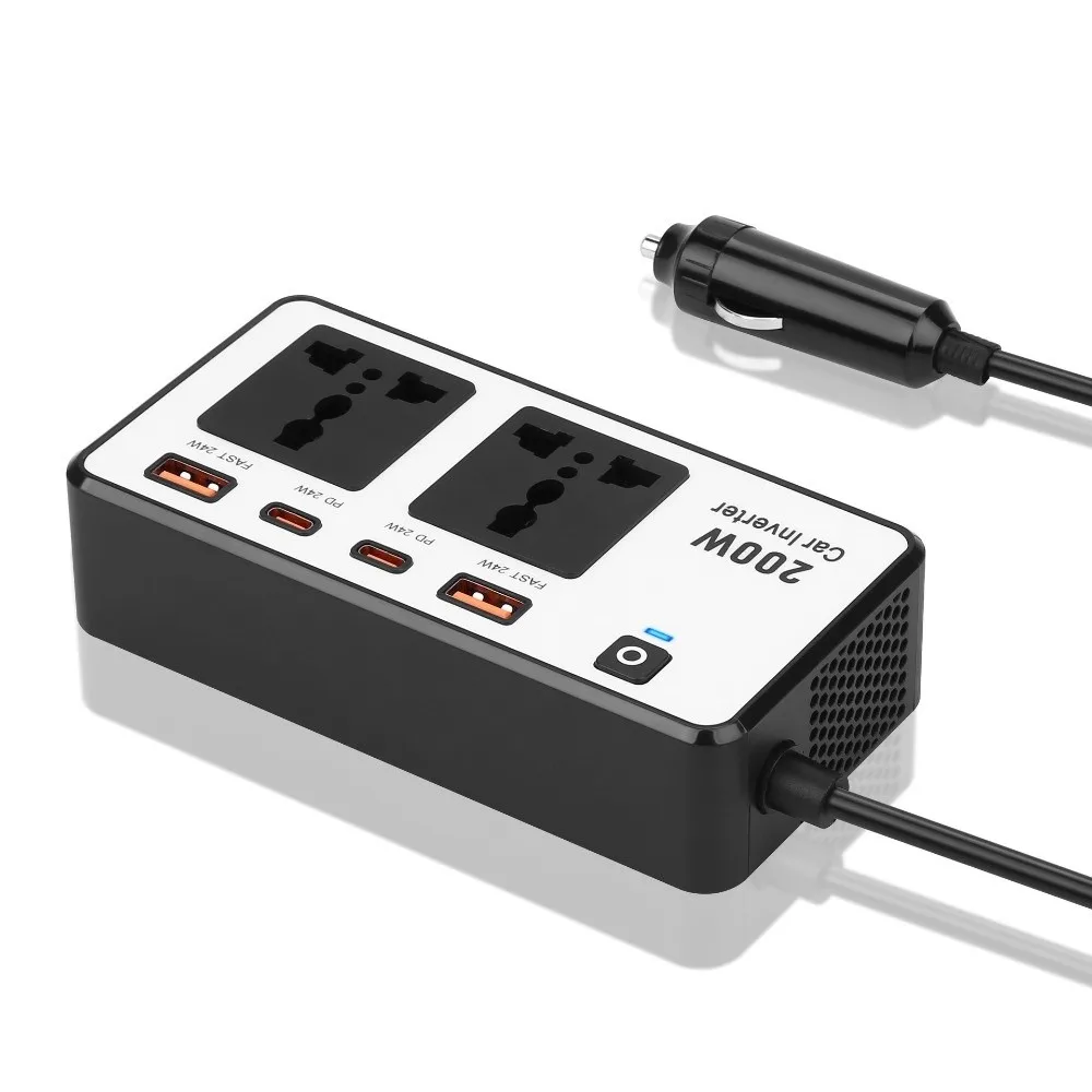 200W Car Power Inverter DC12V to AC220V Dual AC Sockets Auto Power Inverter USB Type-C Ports PD Fast Charging DC to AC Inverter