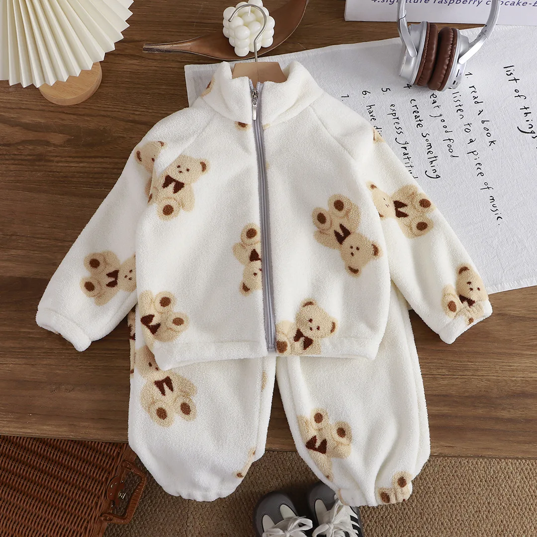 

Kids Autumn Winter Thicken Warm Pajamas Sets Toddler Baby Cartoon Bear Zipper Flannel Coat + Pants Boys Girls Casual Pyjamas