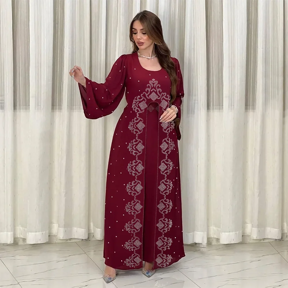 Fashion Iron Drill Fake Two Dresses Chiffon Robe Elegant Muslim Women Dress Party Dubai Abaya Turkey Islam Long Evening Dresses 2
