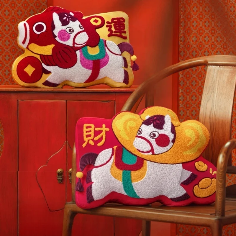 

New Year Chinese Horse Year Pillows Joy Traditional Embroidery Decorative Pillow For Sofa Chair Cushion Cover Warm Home Decorate