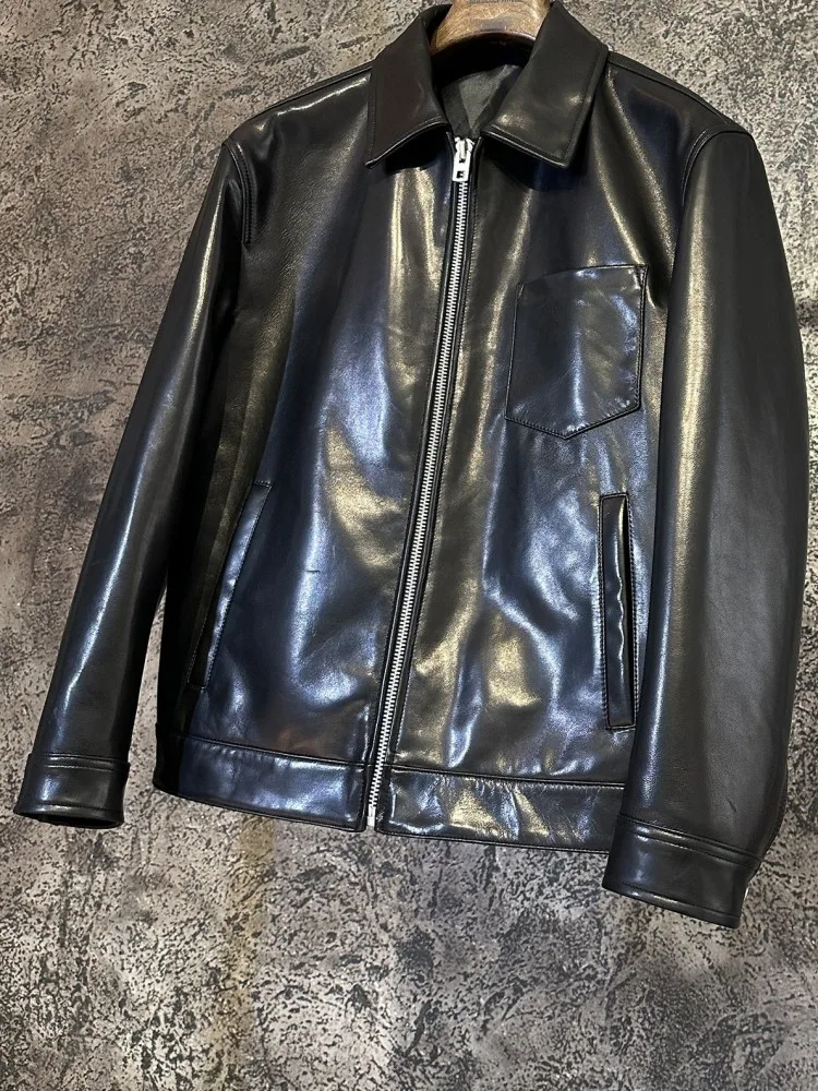 Turn Down Collar Long Sleeves Genuine Leather Jacket Fashion Solid Color Zipper Male Sheepskin Outerwear