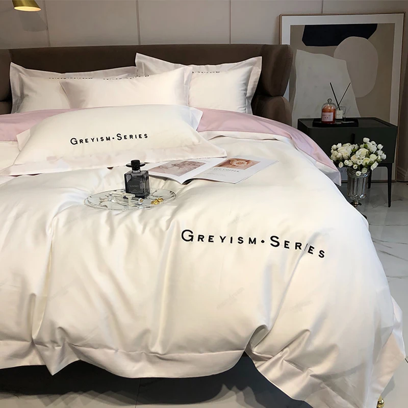 

2024 Long-staple Cotton Four-piece Bed Linen New Stitching Embroidery Plain Color Cotton Bedding Light Luxury Style White Pink