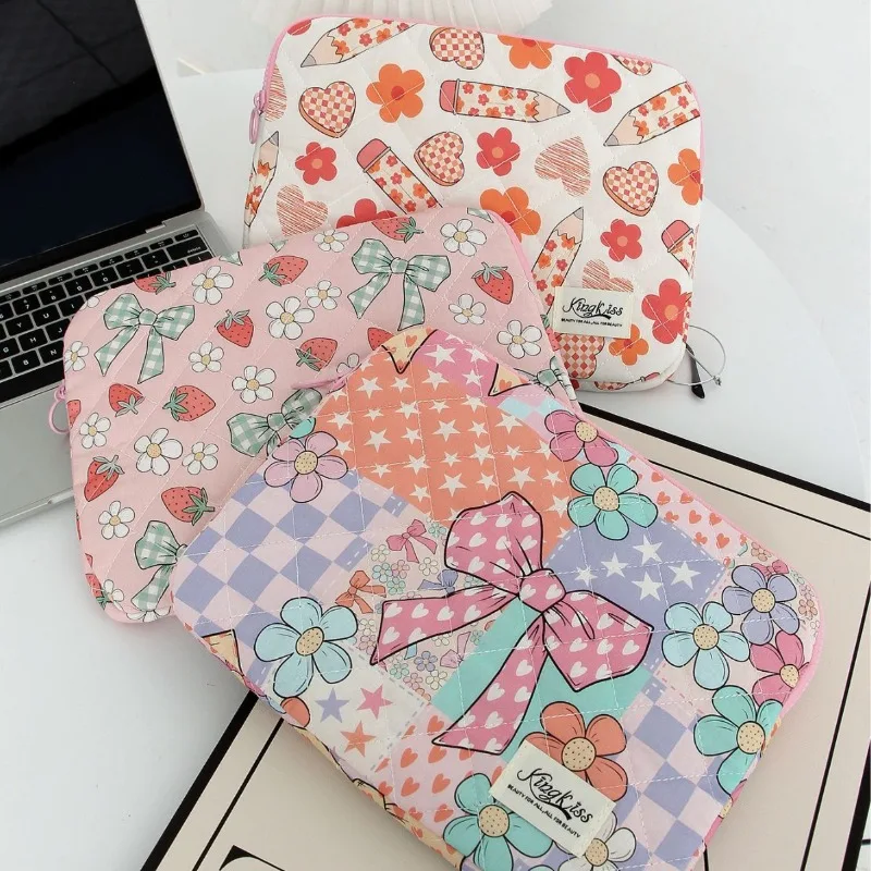 Kawaii Cartoon Storage Bag for Girl Sweet Bow Floral Pliad Print Laptop Table Pc Case Large Capacity Fashion Tablets Storage