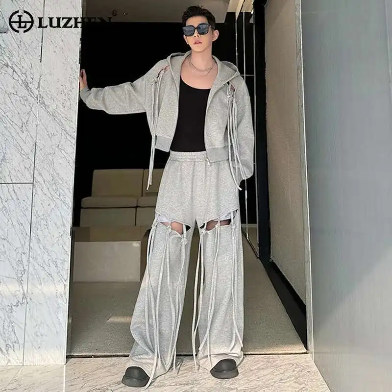 

LUZHEN Stylish High Street Tassel Design Two-piece Sets Men's 2025 Trendy Hooded Jacket Loose Hollow Out Straight Pants LZ1983